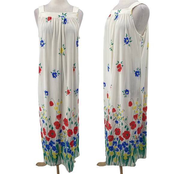 Vintage 70s Floral Print Maxi Dress A Line Sleeveless Square Neck Ivory Red XL - Picture 1 of 8